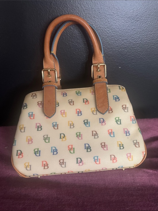 Dooney & Bourke Handbags - Dooney & Bourke Cream Satchel with Multicolor DB Logos and Tan Trim
